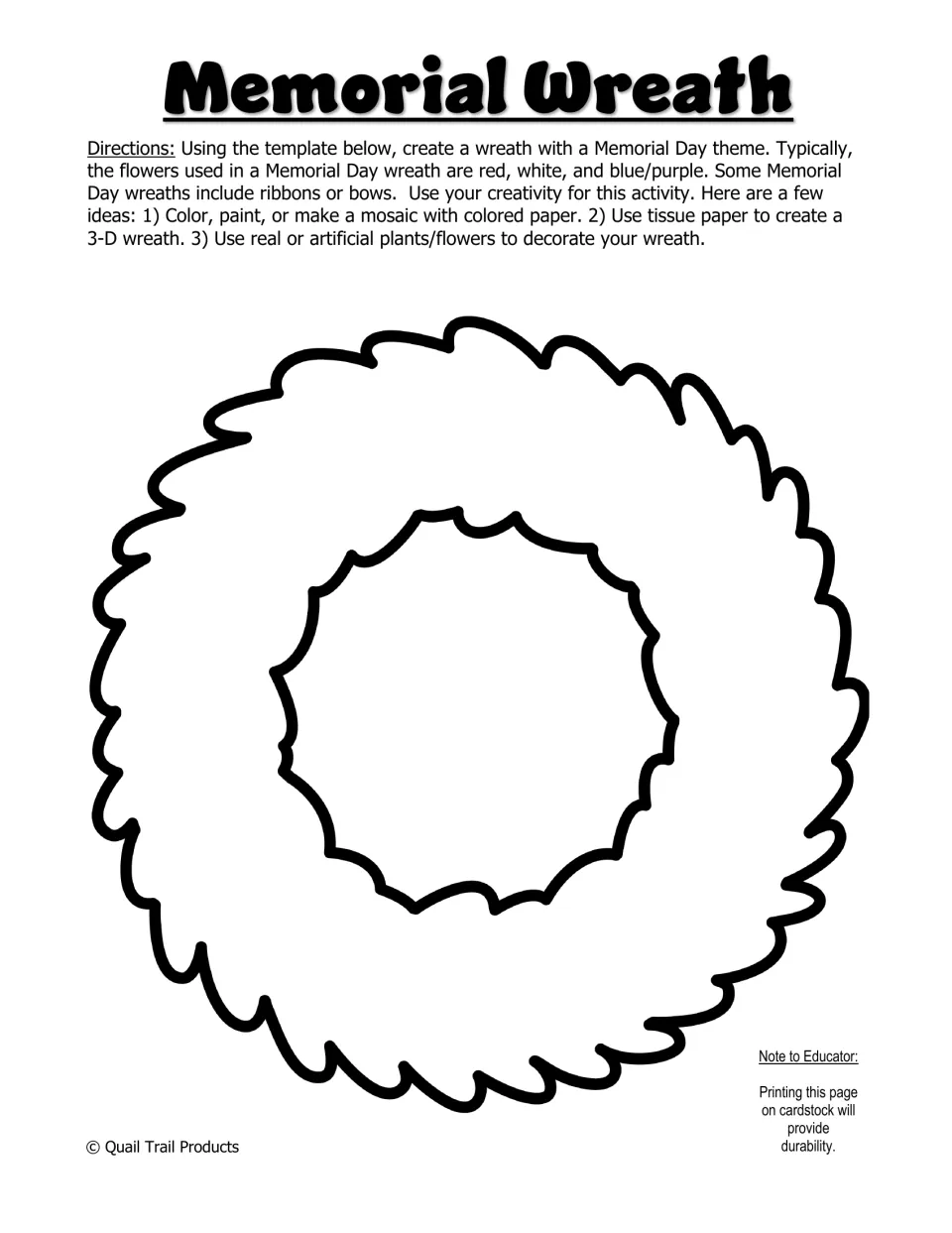 Memorial wreath craft template includes directions for coloring, painting, or decorating with paper and flowers