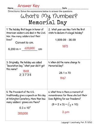 Memorial Day Math Trivia Worksheet – sample page 3