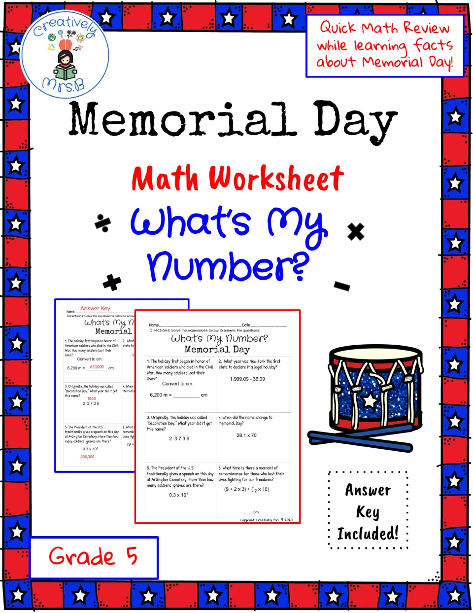 Memorial Day math cover for What's My Number? showing previews of the six-question worksheet and its answer key