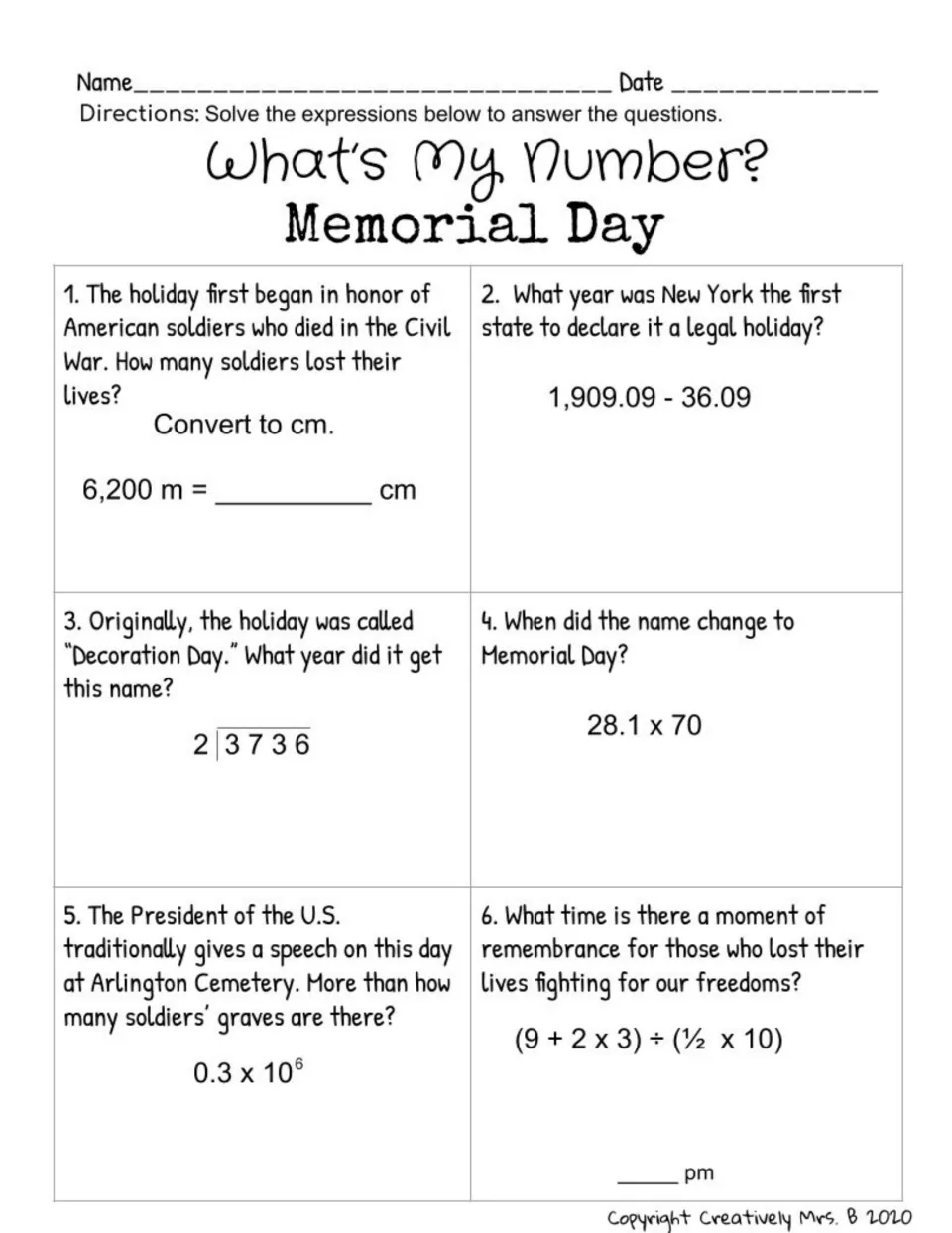 What's My Number? Memorial Day: students solve six expressions, from long division to exponents, to answer holiday facts