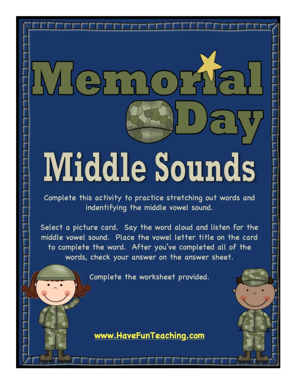 Memorial Day Middle Sounds cover: students pick a picture card, say the word and place the missing middle vowel tile