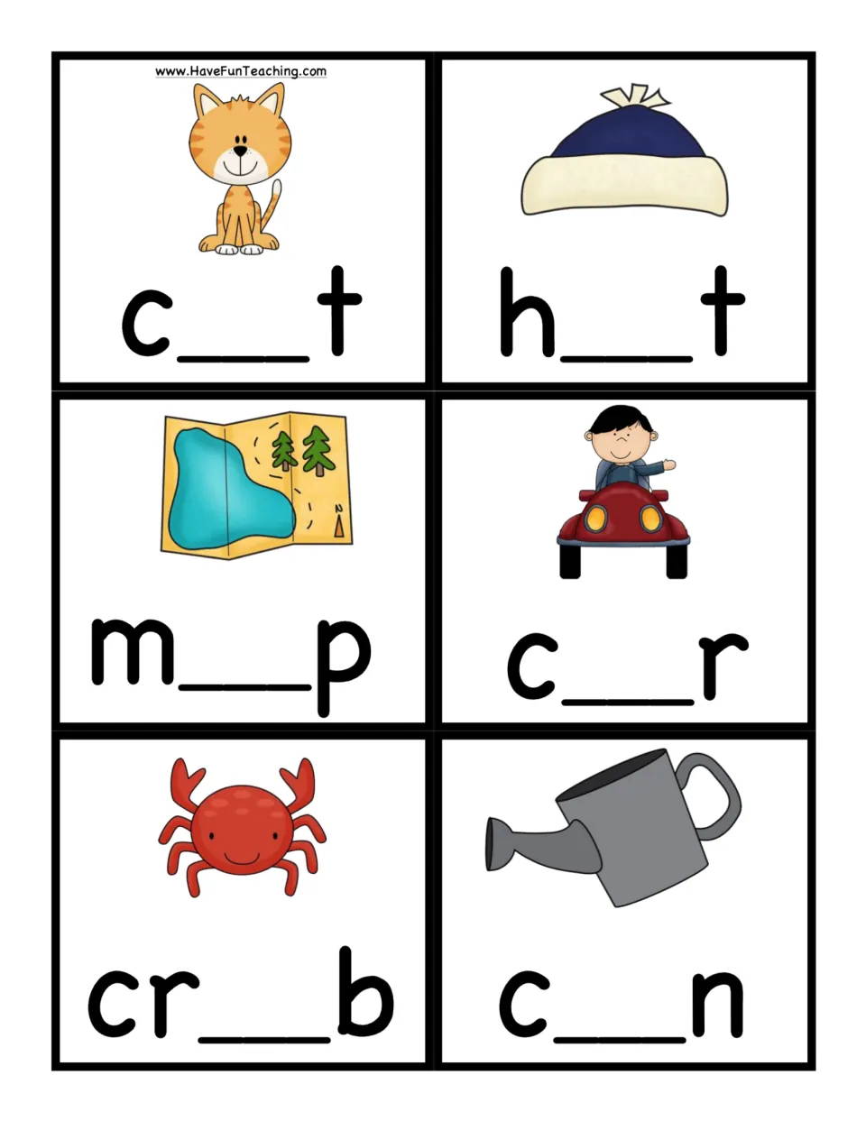 Middle vowel picture cards: cat, hat, map, car, crab and can, each word shown with its middle vowel missing
