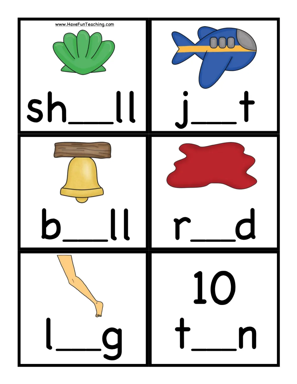 Short e picture cards: shell, jet, bell, red, leg and ten, with a blank where students place the middle vowel
