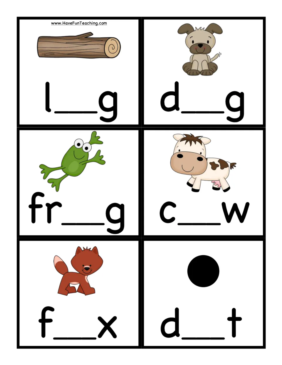 Letter o picture cards: log, dog, frog, cow, fox and dot, each with the middle vowel left blank for a letter tile