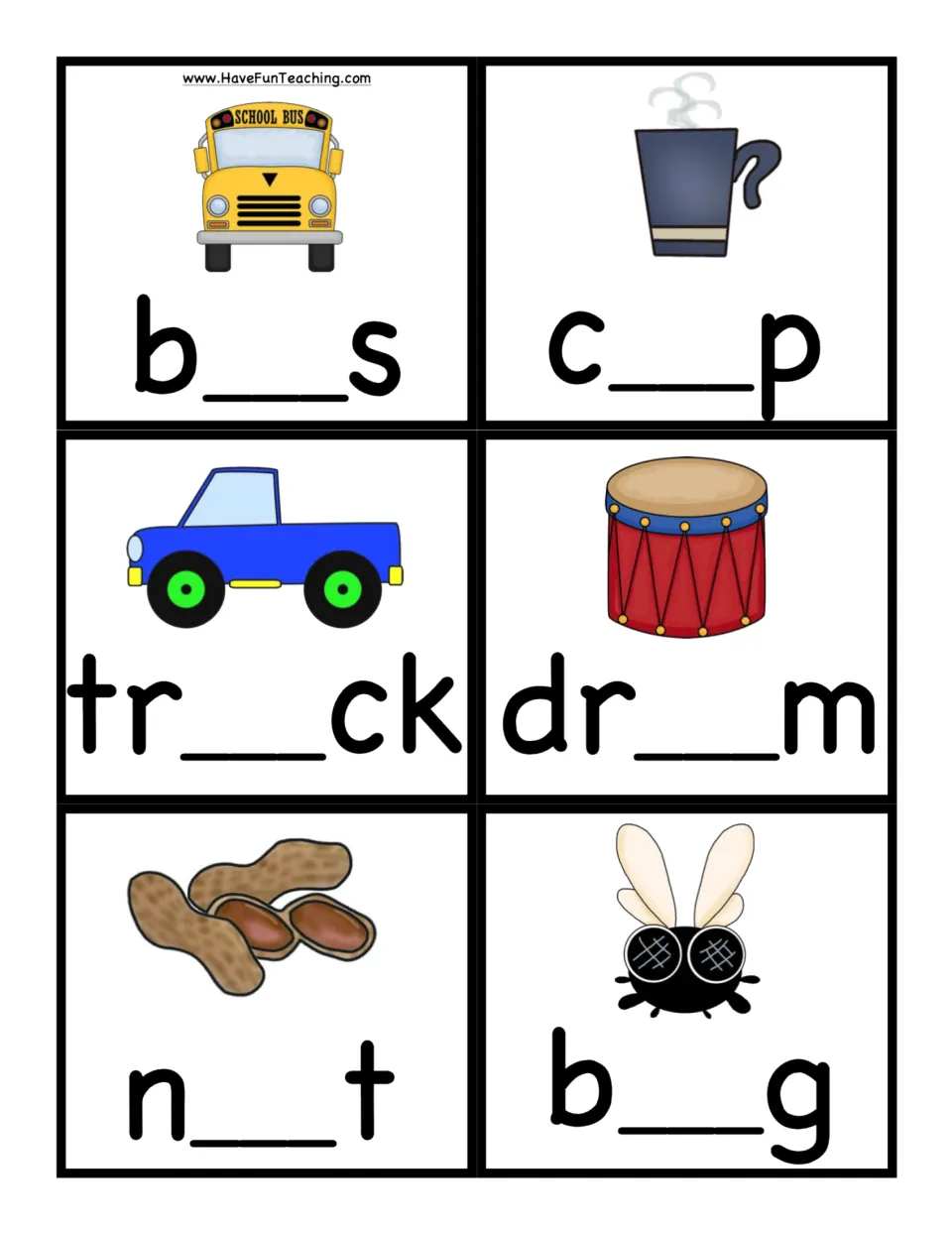 Short u picture cards: bus, cup, truck, drum, nut and bug, each word missing its middle vowel for students to complete