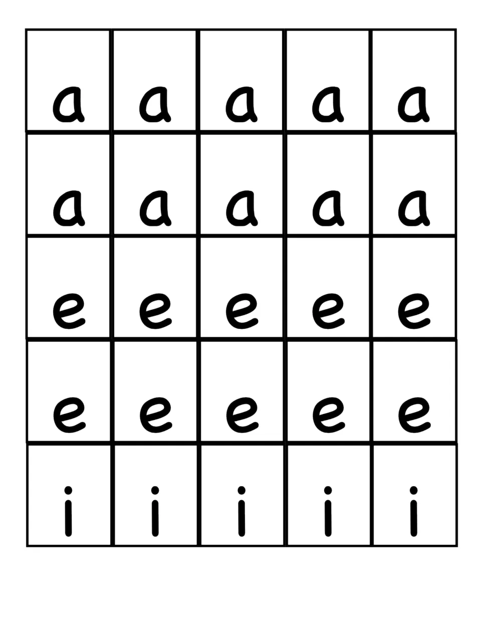 Cut-out vowel letters, part one: ten a's, ten e's and five i's that students set on the picture cards to finish each word