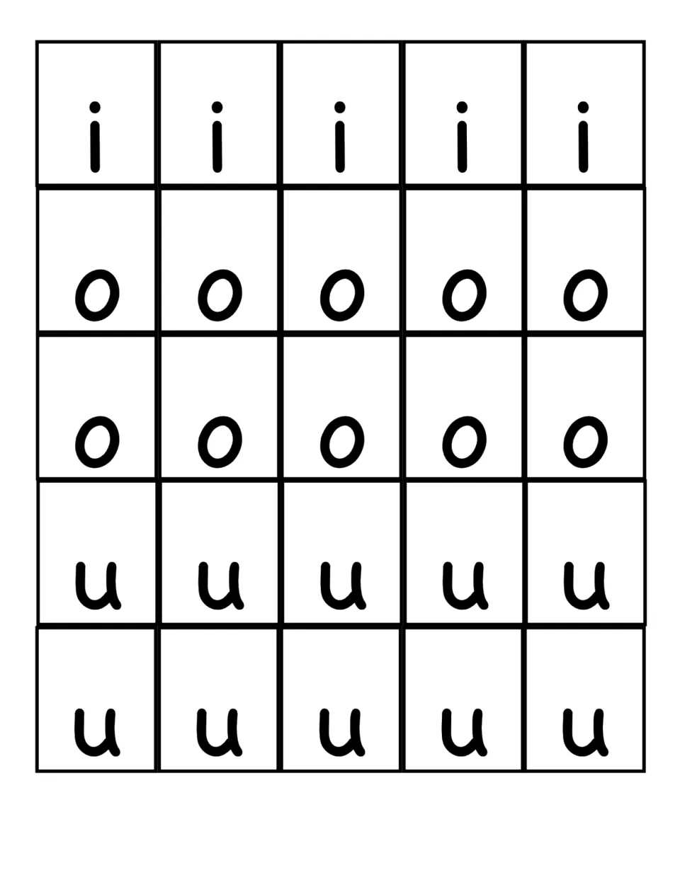Second sheet of vowel letters to cut out: five i's, ten o's and ten u's for completing words on the picture cards