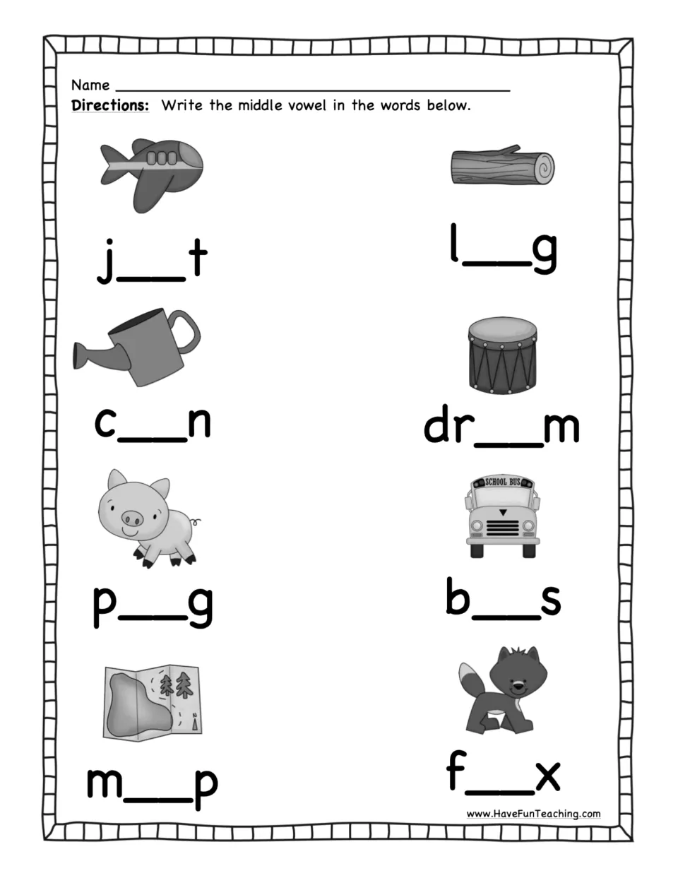 Middle vowel worksheet: students write the missing vowel for jet, log, can, drum, pig, bus, map and fox
