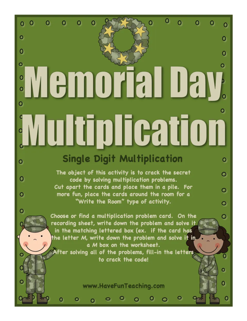 Memorial Day Multiplication cover: single-digit secret code activity with cut-apart problem cards and a recording sheet
