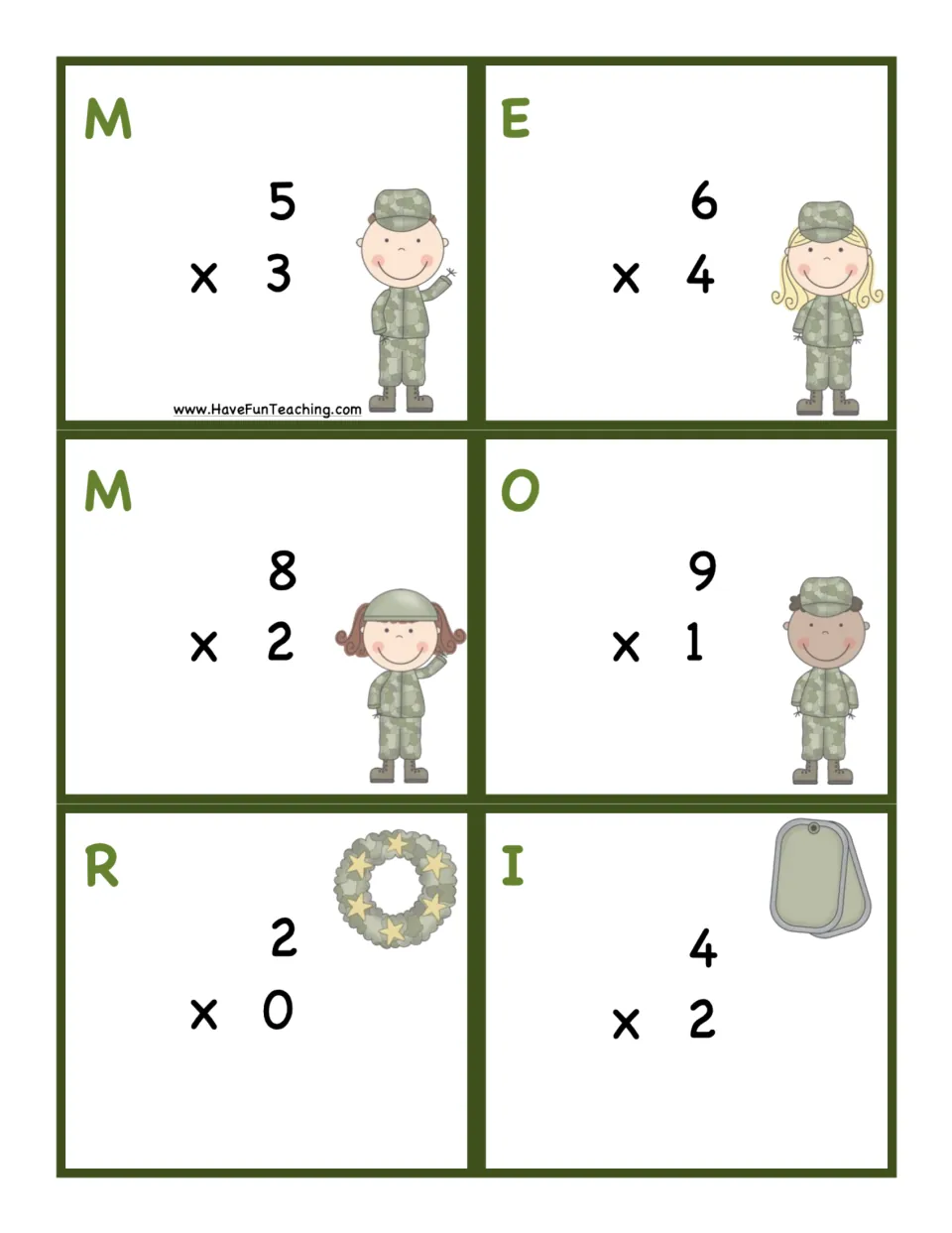 Lettered multiplication task cards M, E, M, O, R and I: students solve 5x3, 6x4, 8x2, 9x1, 2x0 and 4x2
