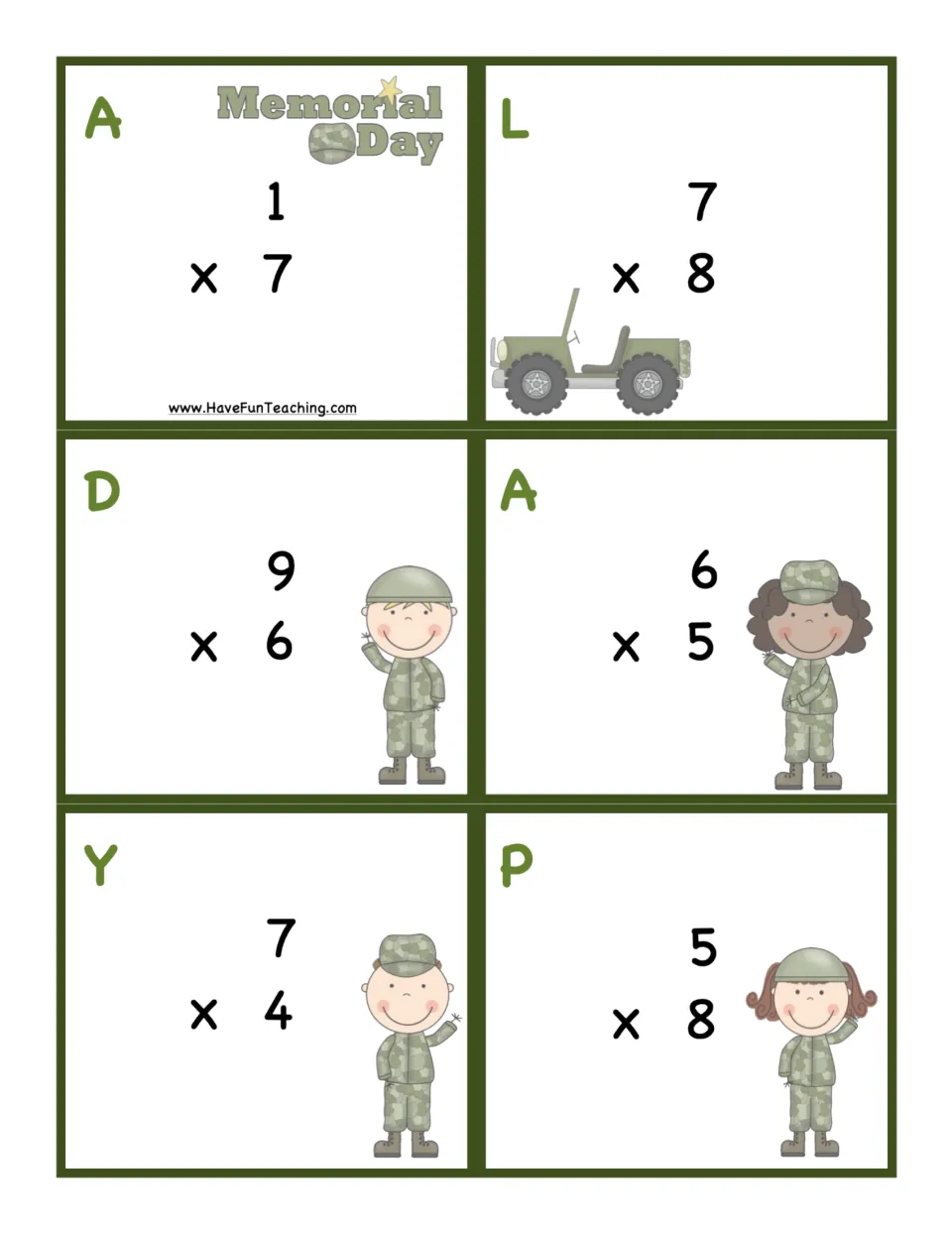 Code task cards A, L, D, A, Y and P: students solve the single-digit facts 1x7, 7x8, 9x6, 6x5, 7x4 and 5x8
