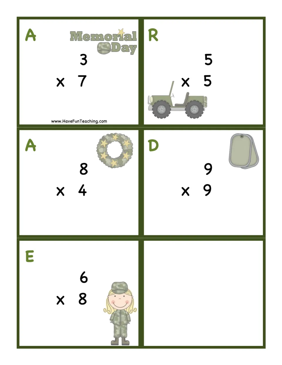 Final five code cards A, R, A, D and E: students multiply 3x7, 5x5, 8x4, 9x9 and 6x8; one card space is left blank
