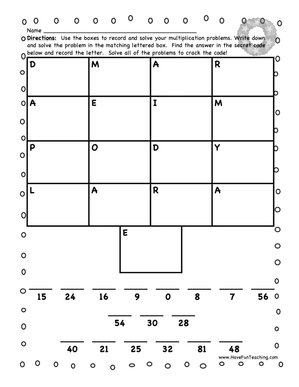 Secret code recording sheet: students write and solve each card's multiplication fact, then match products to letters