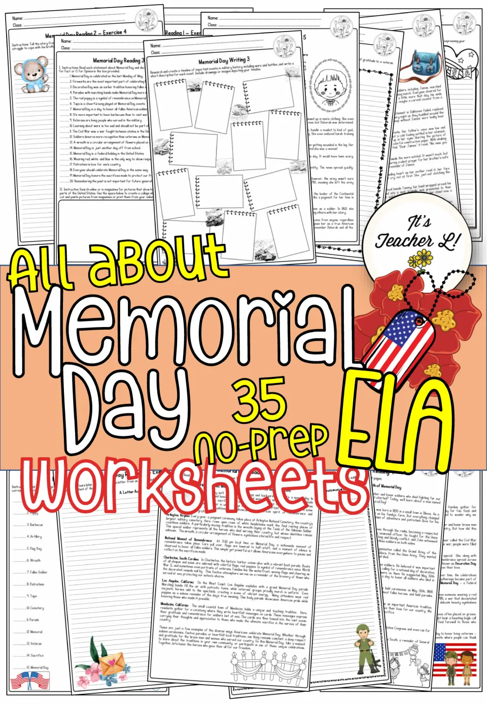 All About Memorial Day cover: 35 no-prep ELA worksheets, shown over sample reading, writing and vocabulary pages
