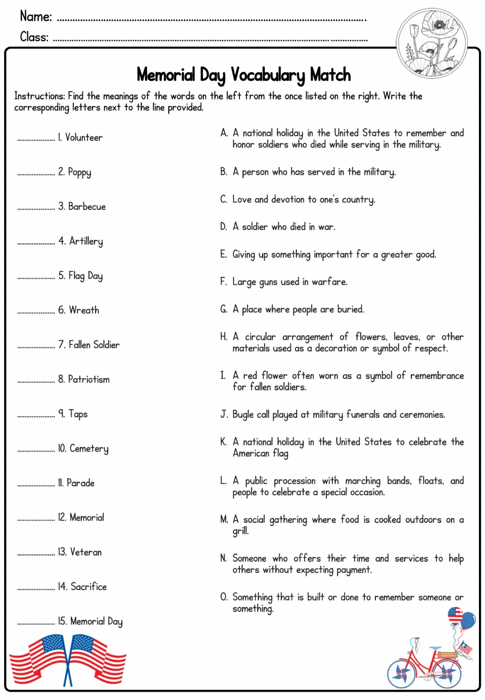 Memorial Day vocabulary match: students write the letter of each definition beside 15 words like poppy, taps and veteran
