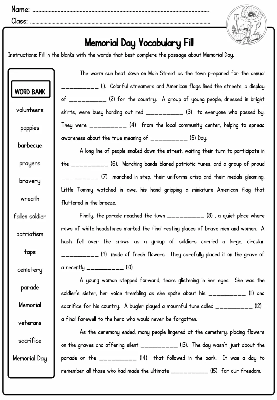 Memorial Day vocabulary fill: students use a word bank to complete 15 blanks in a story about a town parade and cemetery