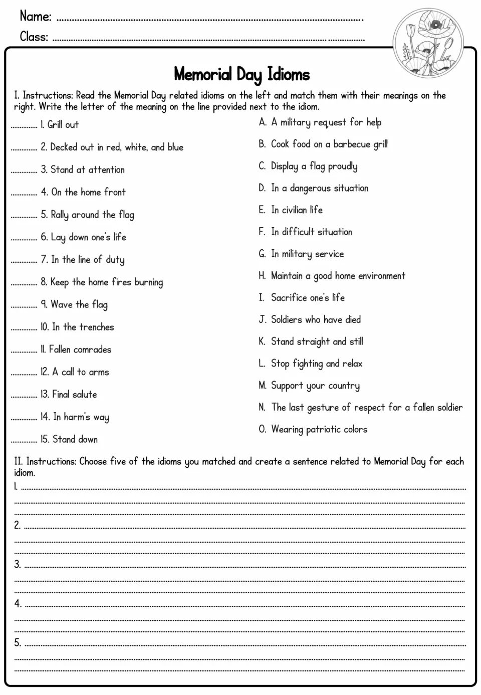 Memorial Day idioms: students match 15 idioms such as stand down to their meanings, then write five sentences using them