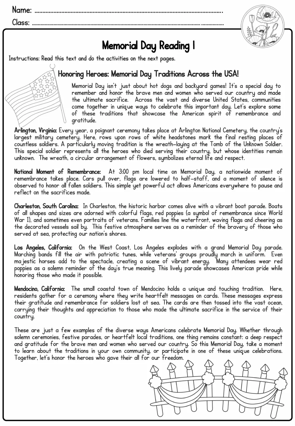 Reading passage on Memorial Day traditions in Arlington, Charleston, Los Angeles and Mendocino, read before the exercises