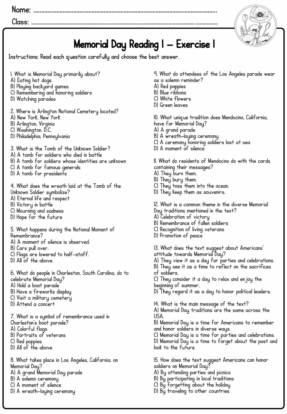 Reading 1 Exercise 1: 15 multiple-choice comprehension questions on the traditions passage, from Arlington to Mendocino