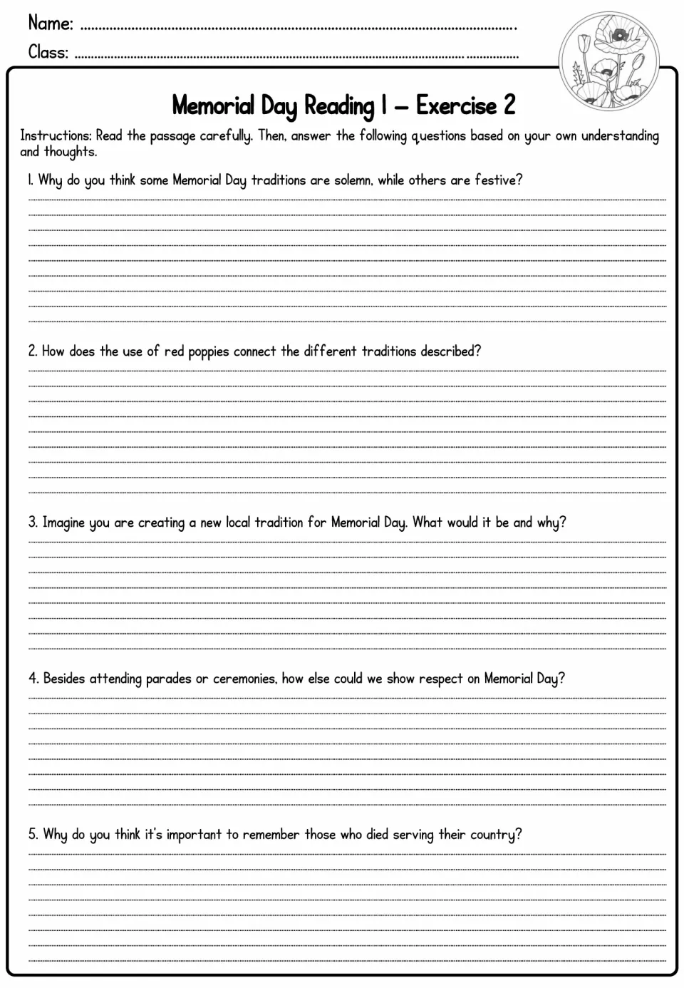 Reading 1 Exercise 2: five written questions on solemn vs festive traditions, red poppies and new ways to show respect