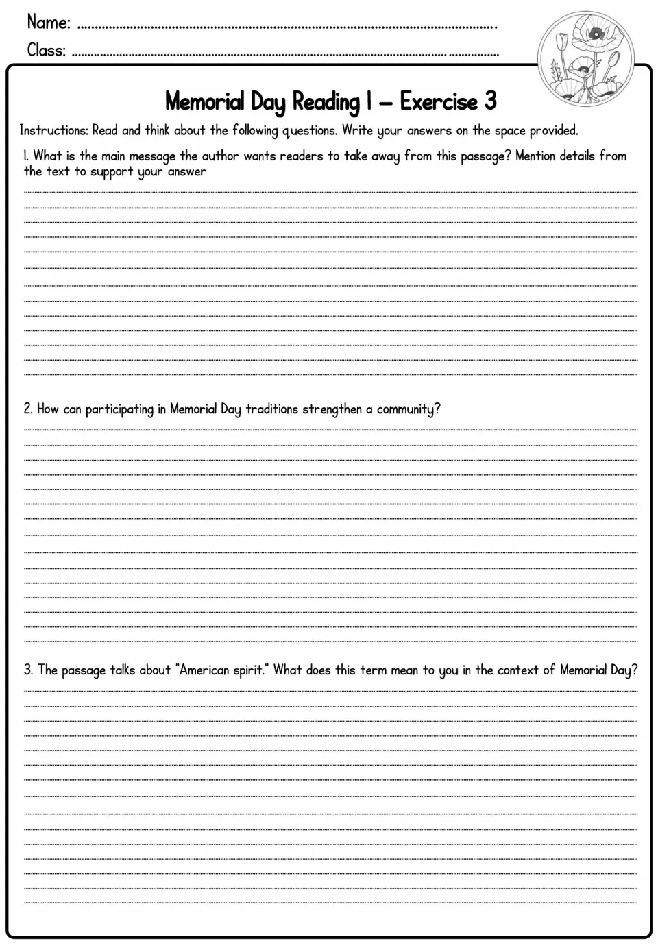 Reading 1 Exercise 3: students write about the passage's main message with text details, community and 'American spirit'