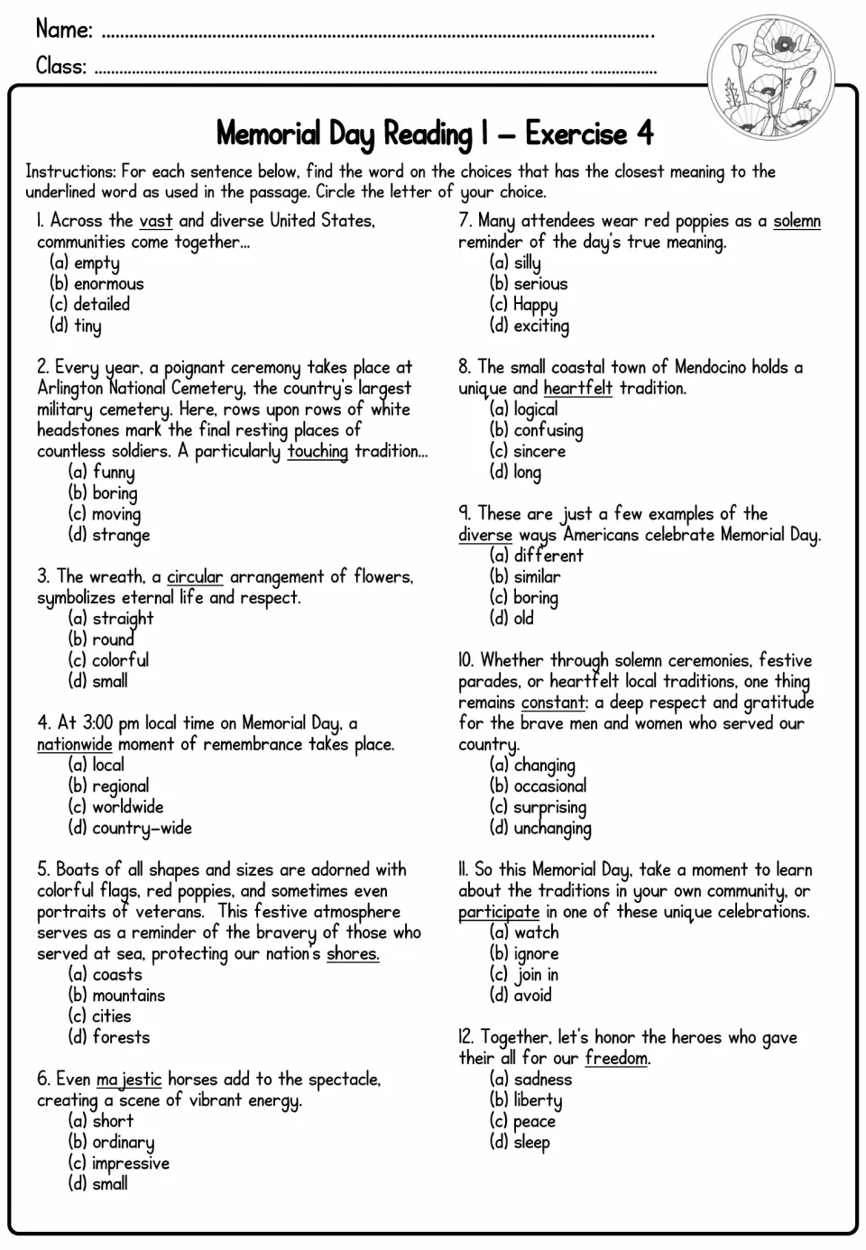 Reading 1 Exercise 4: vocabulary in context, students circle the closest meaning of underlined words like vast and solemn