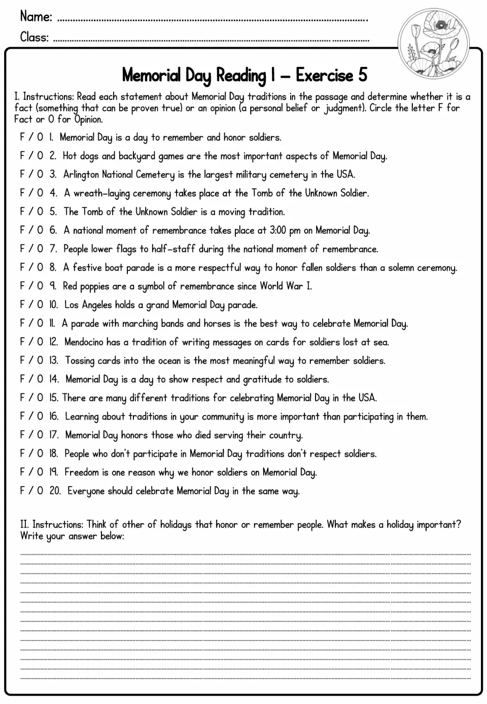 Reading 1 Exercise 5: students sort 20 statements as fact or opinion, then write about what makes a holiday important