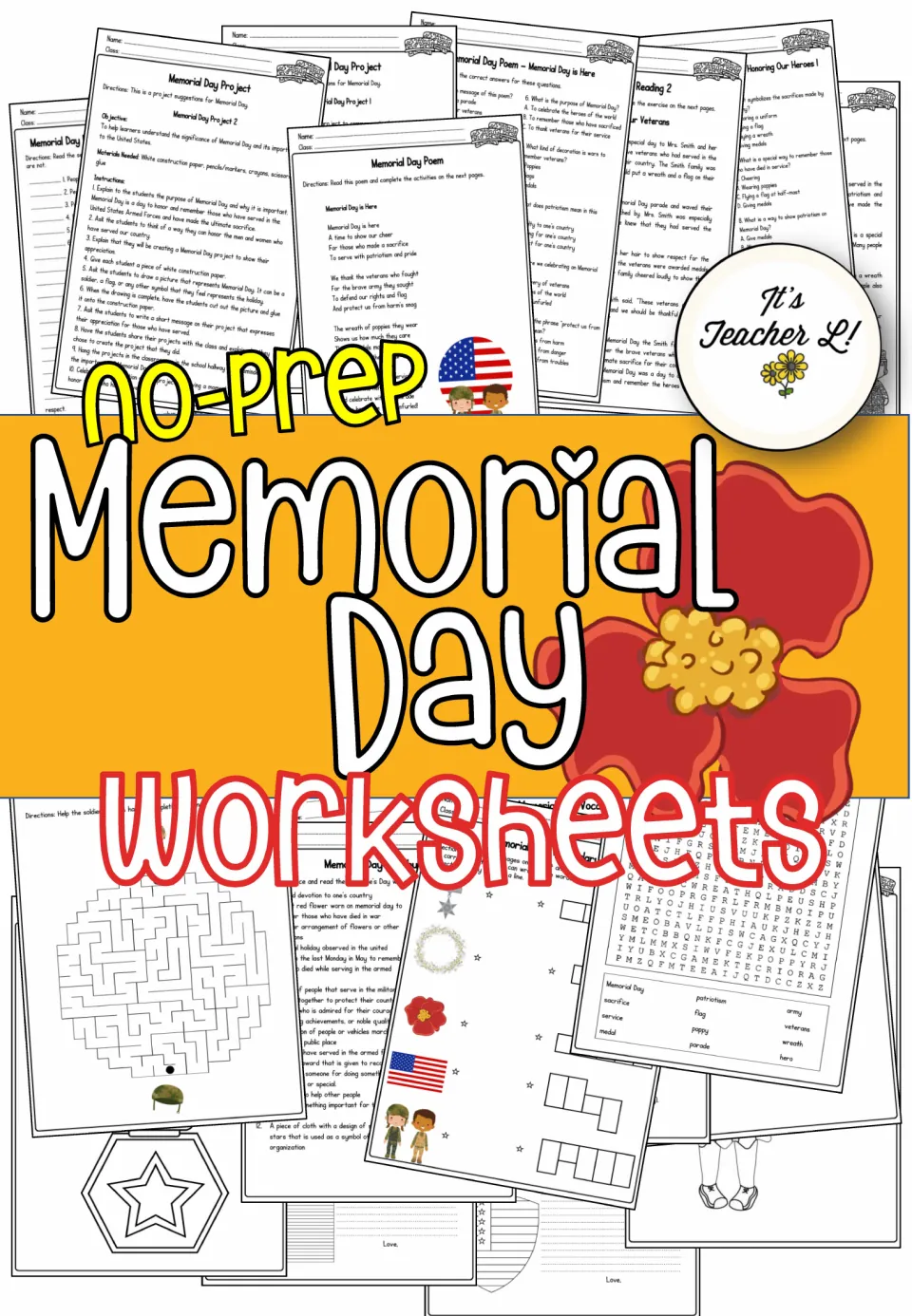 Cover of No-Prep Memorial Day Worksheets showing previews of a poem, reading, word search, maze and vocabulary pages