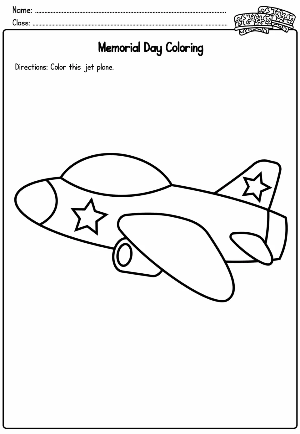 Memorial Day coloring: students color a simple outline of a jet plane marked with stars on its body and tail