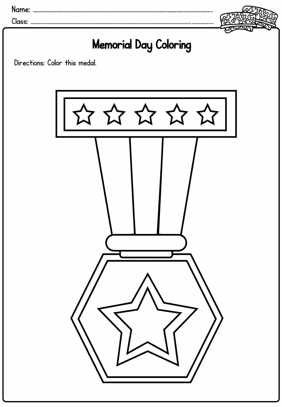 Memorial Day coloring: students color a military medal outline with a five-star ribbon bar and a large star at its center