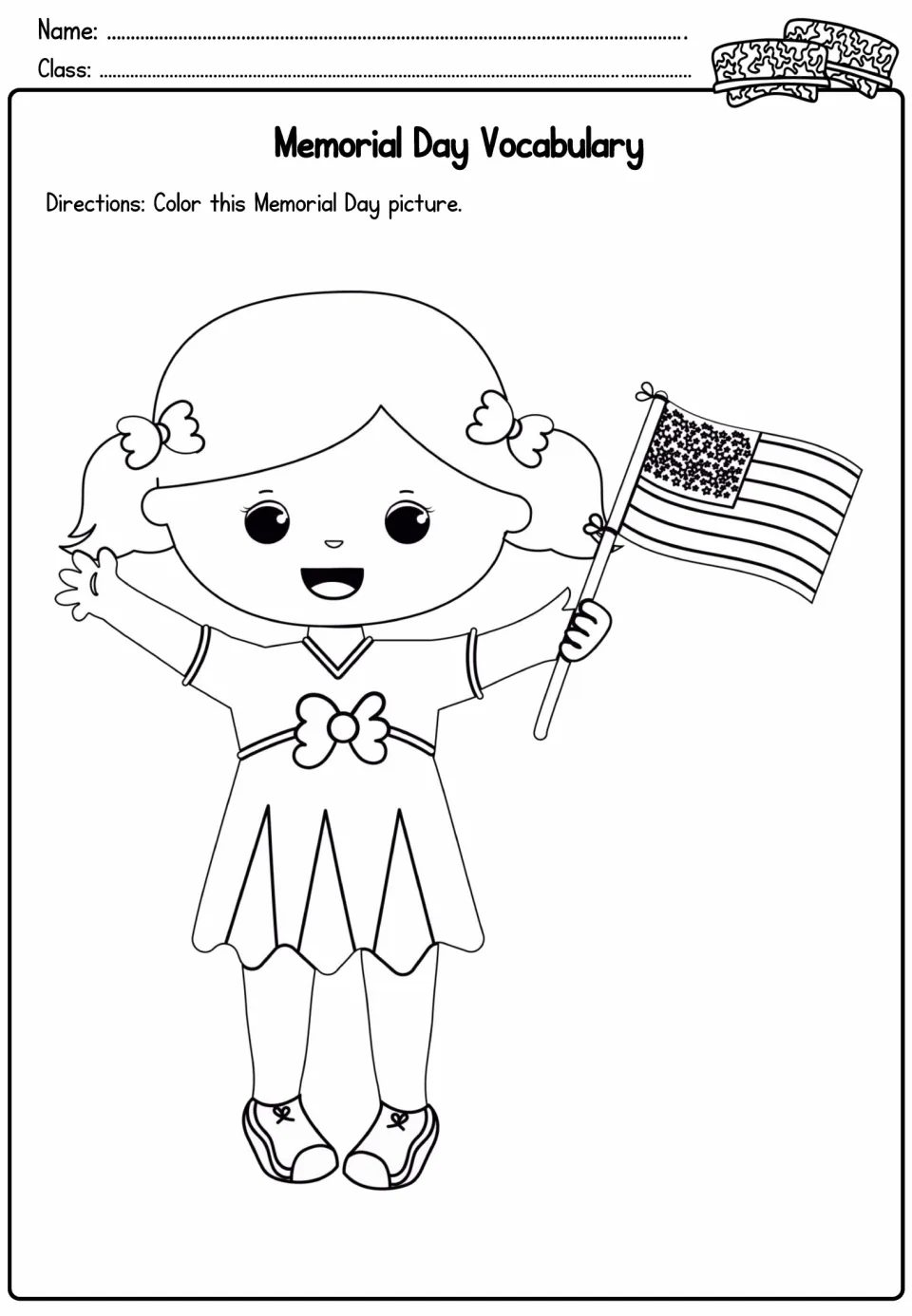 Memorial Day picture to color: a smiling girl in a dress waving one hand and holding a small American flag in the other