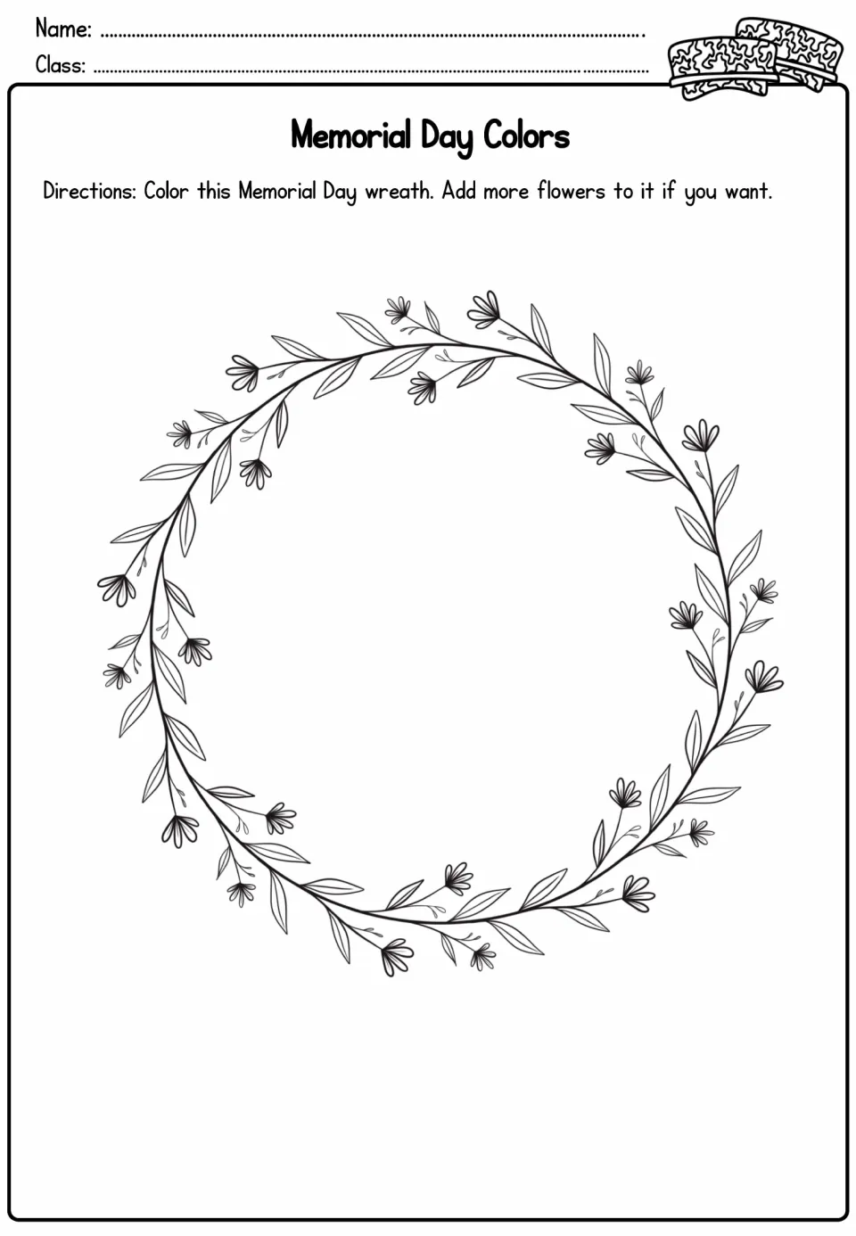 Memorial Day colors: students color a leafy flower wreath and may draw extra flowers onto it to make it their own