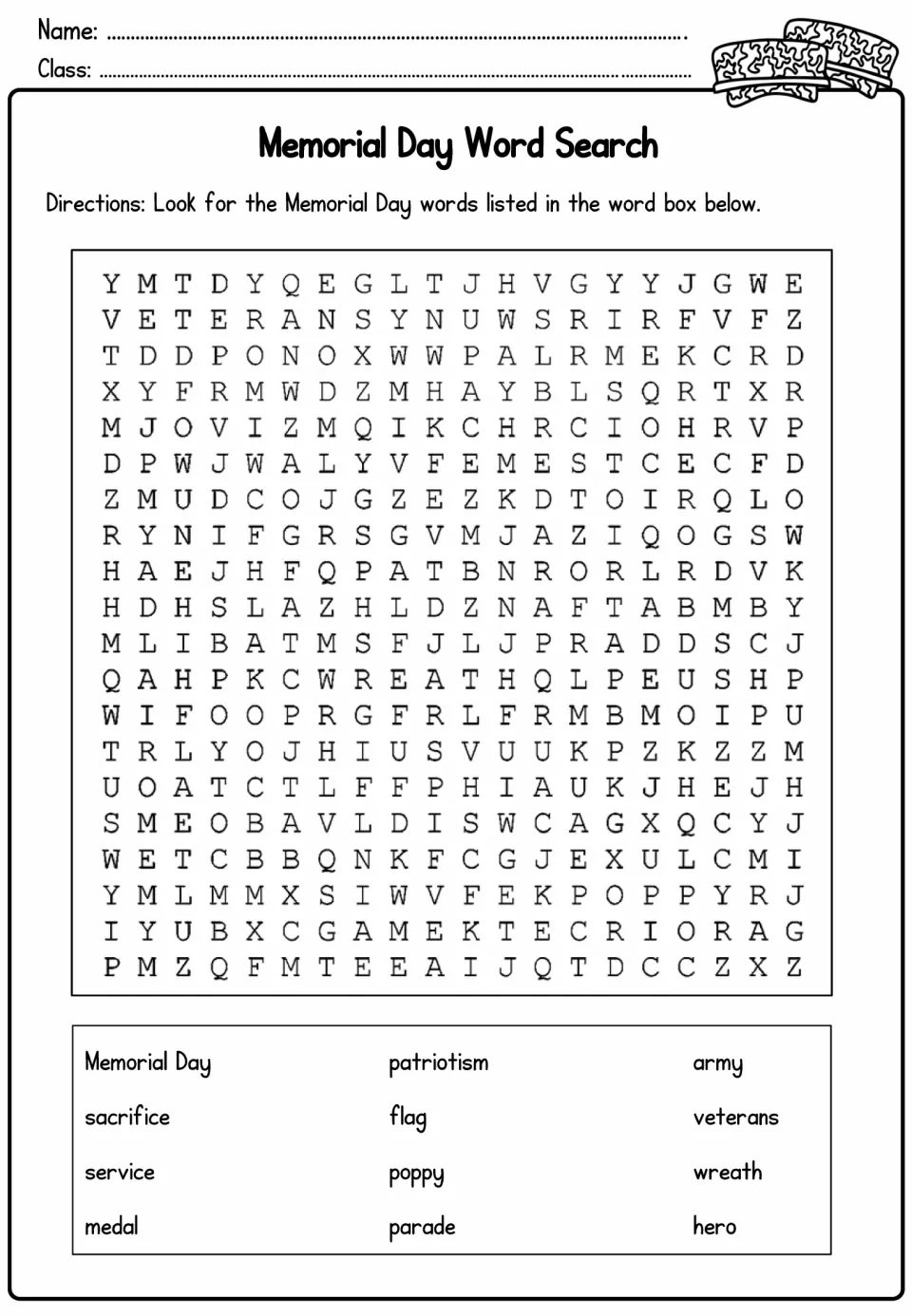 Memorial Day word search: students find 12 words such as sacrifice, veterans, poppy, wreath, parade and hero