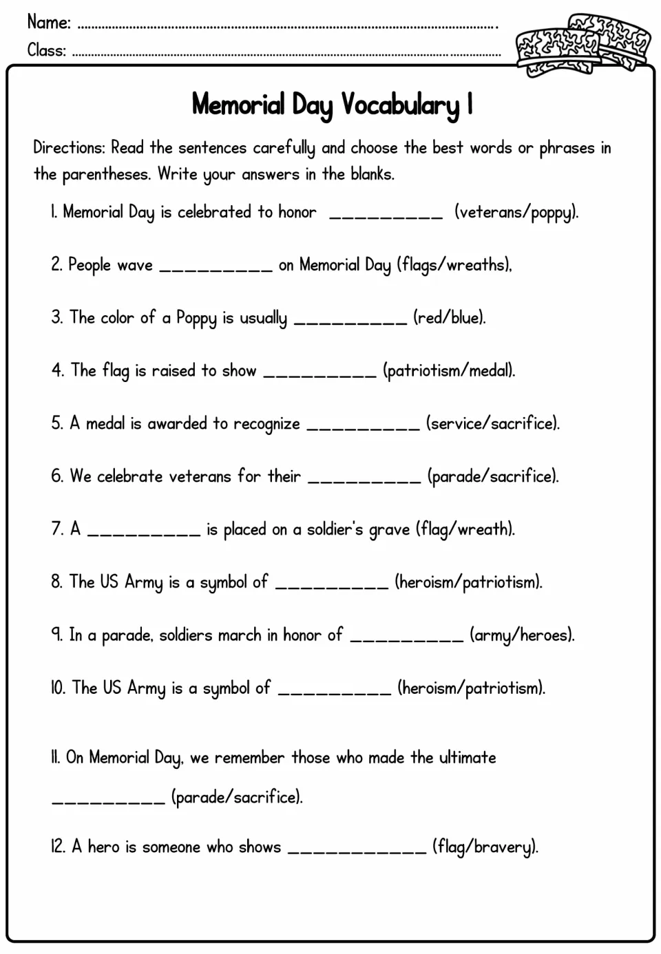 Memorial Day Vocabulary 1: students complete 12 sentences by choosing the better of two words, such as veterans or poppy