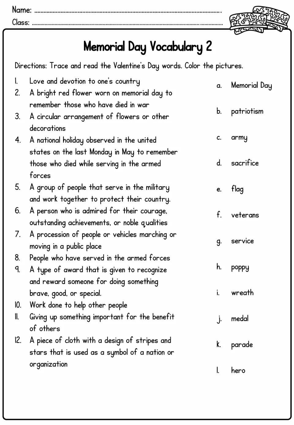 Memorial Day Vocabulary 2: students match 12 definitions to words such as patriotism, poppy, wreath, parade and hero