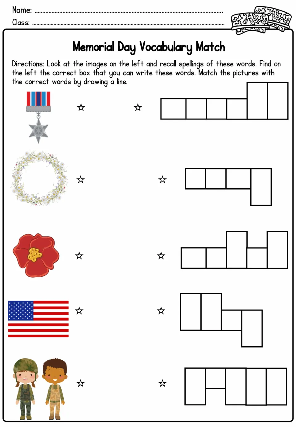 Memorial Day vocabulary match: students pair pictures of a medal, wreath, poppy, flag and soldiers with words they spell