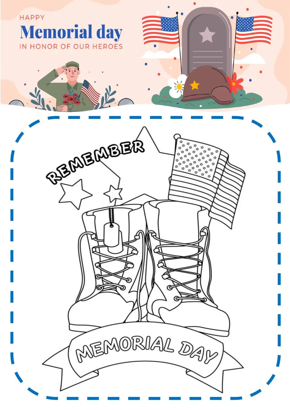 Memorial Day coloring page: students color combat boots with dog tags, a U.S. flag, stars and a REMEMBER banner