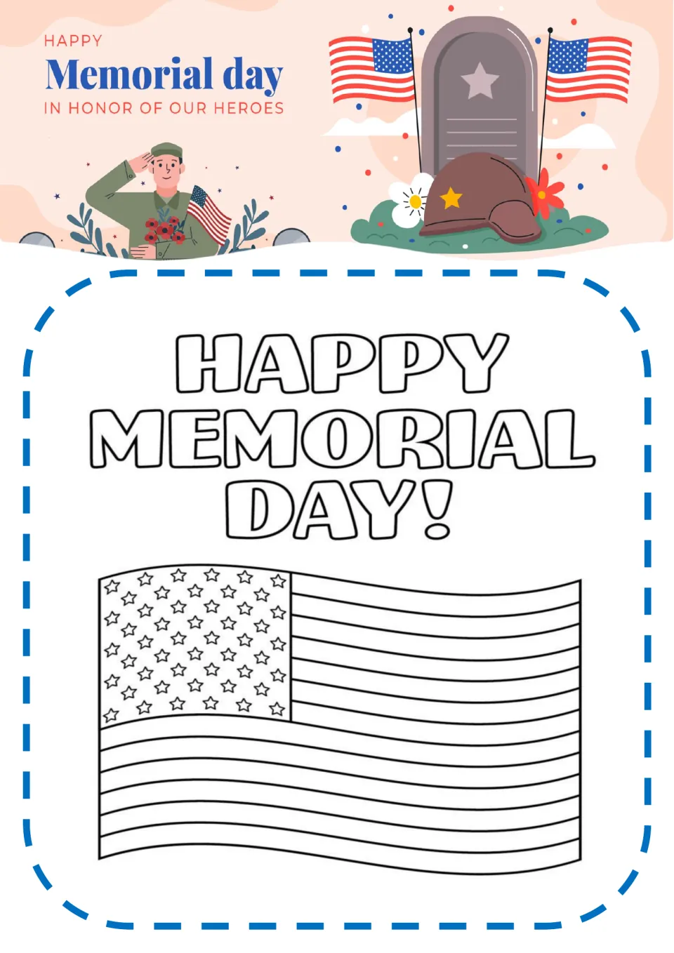Happy Memorial Day! coloring page: students color bubble-letter greeting words above a large waving American flag