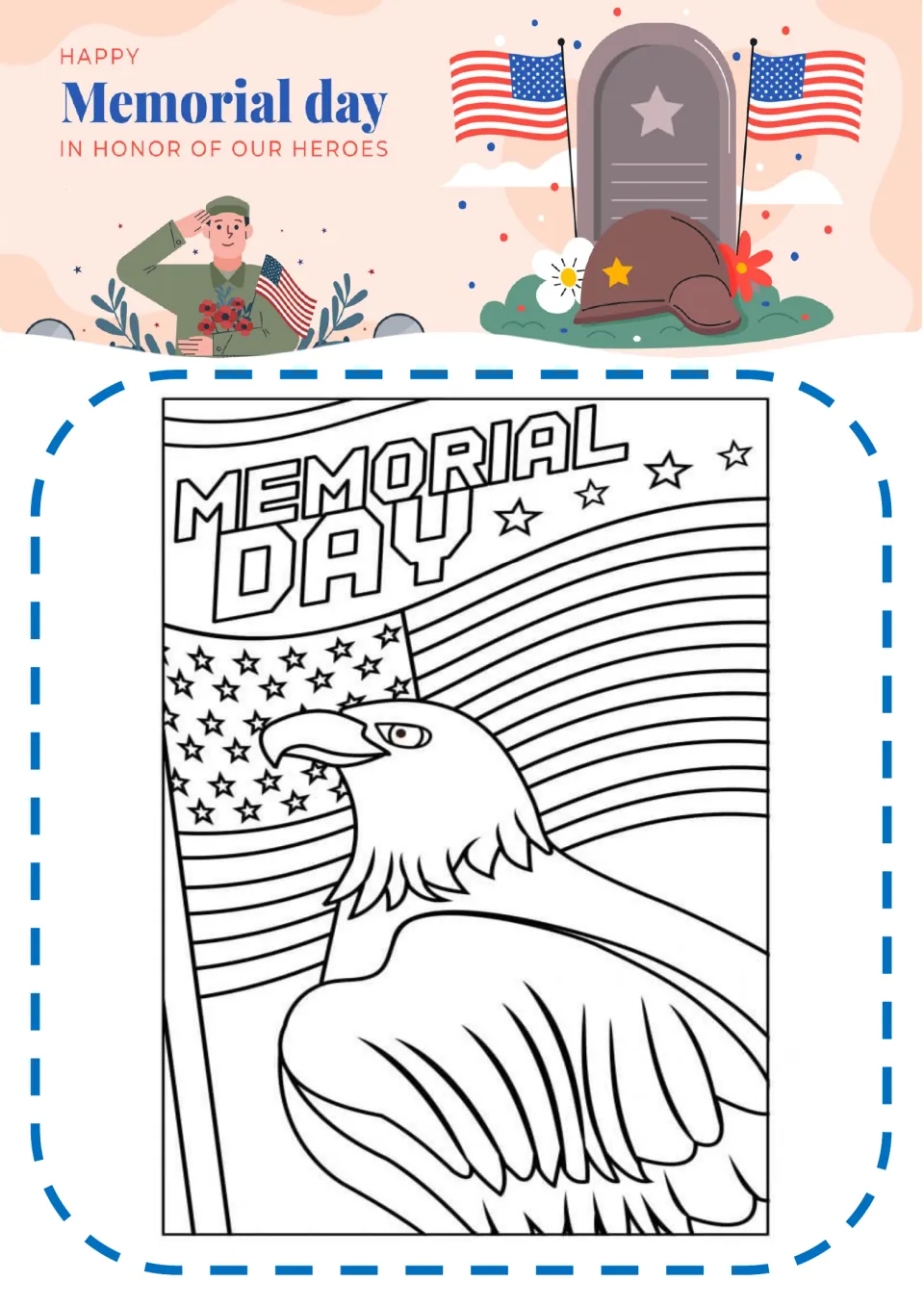 Bald eagle coloring page: students color an eagle head in front of a waving flag with block-letter MEMORIAL DAY words