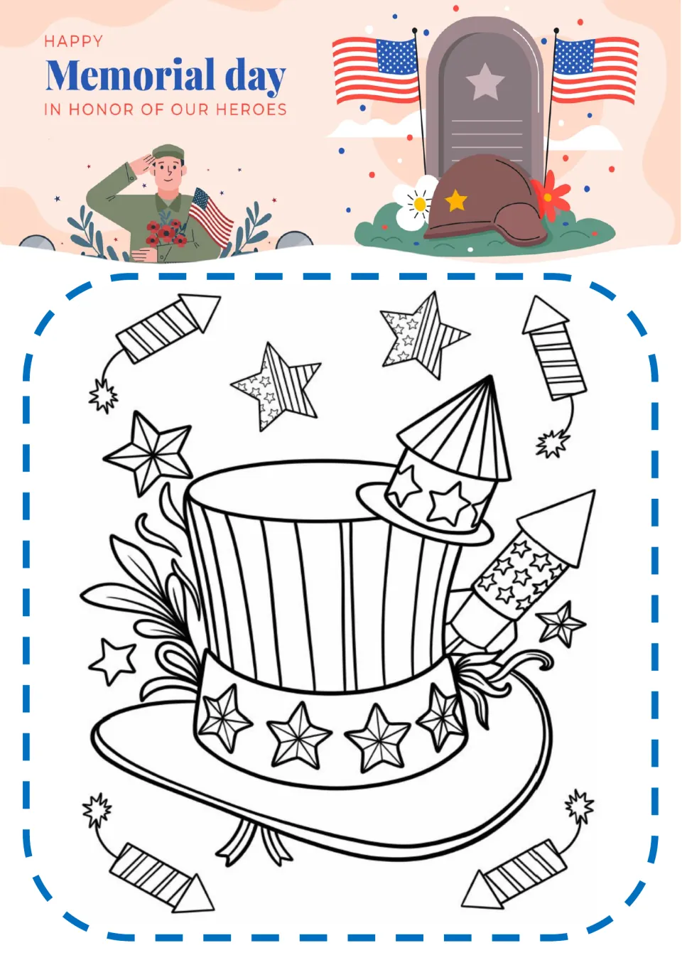 Patriotic top hat coloring page: students color a star-banded striped hat surrounded by firework rockets and stars