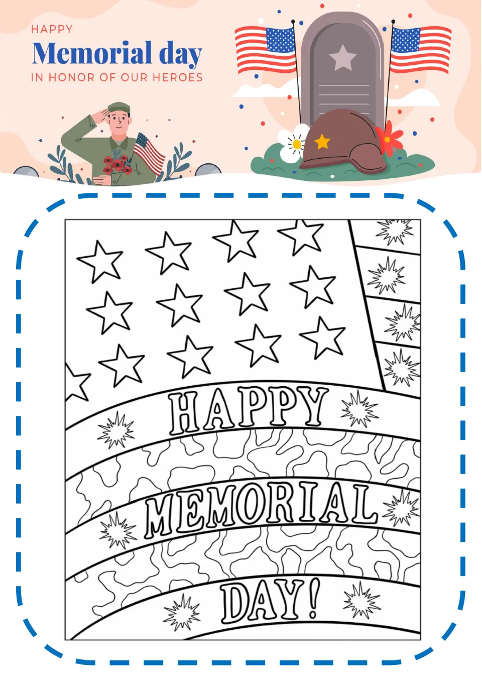 Flag-and-camouflage coloring page: students color stars, bursts and camo stripes reading HAPPY MEMORIAL DAY!
