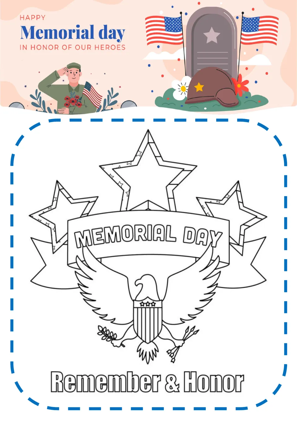 Eagle emblem coloring page: students color an eagle with a striped shield, three stars, a banner and Remember & Honor