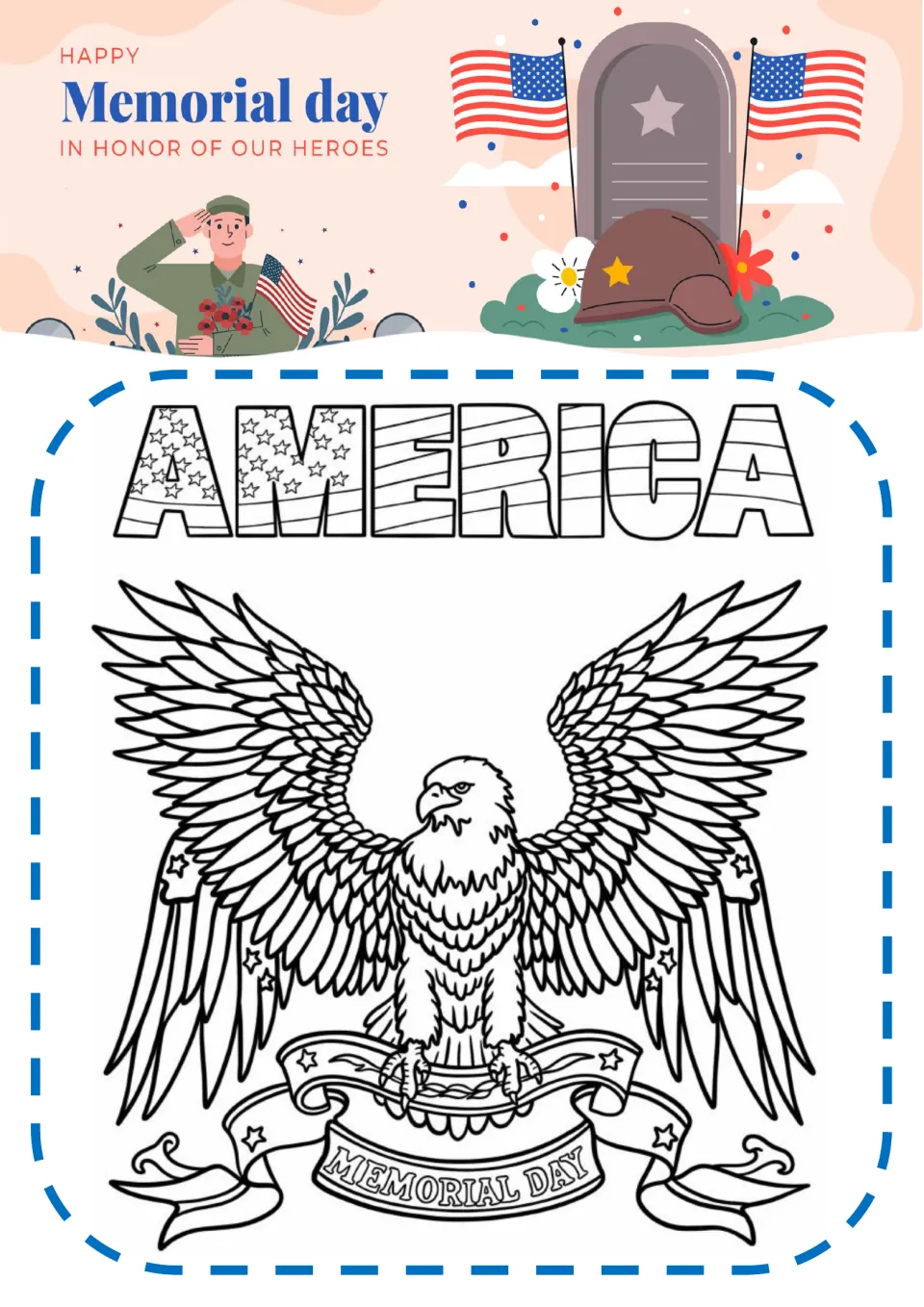 AMERICA coloring page: students color flag-patterned block letters above a spread-wing bald eagle on a ribbon