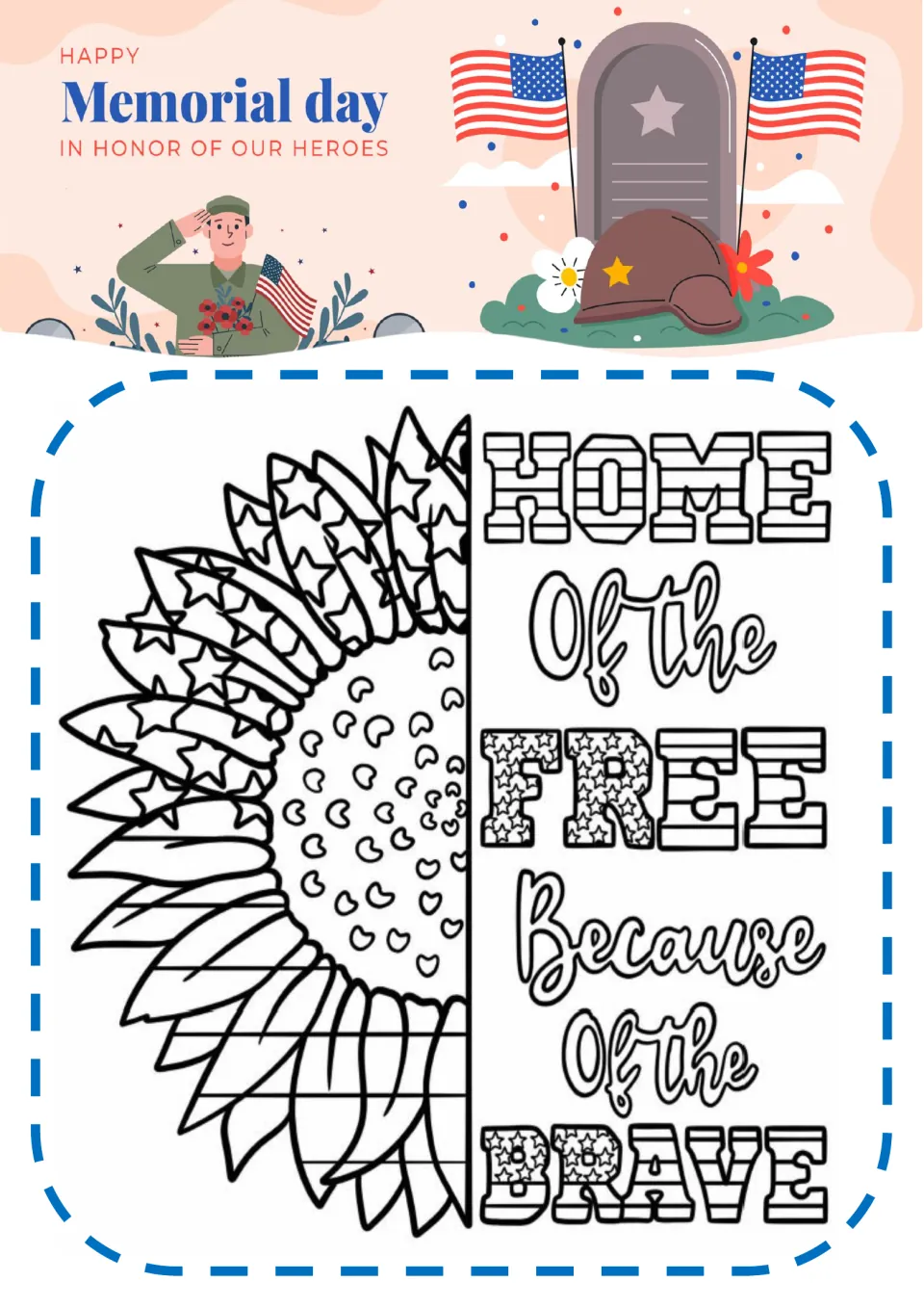 Half-sunflower coloring page: students color star and stripe petals beside Home of the Free Because of the Brave