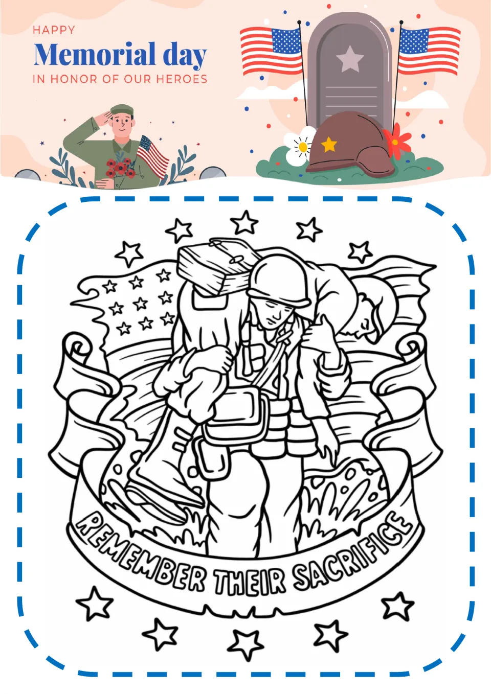 Remember Their Sacrifice coloring page: students color a soldier carrying a wounded comrade before a flag and stars