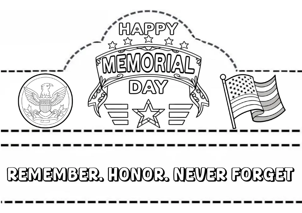 Memorial Day crown to color and cut out: eagle seal, flag and stars with a Remember. Honor. Never Forget headband strip