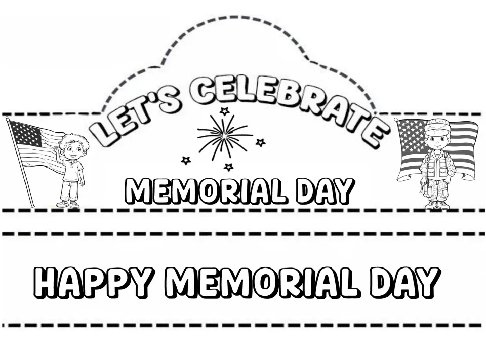 Let's Celebrate Memorial Day crown to color and cut: a child and a soldier with flags, plus a Happy Memorial Day band