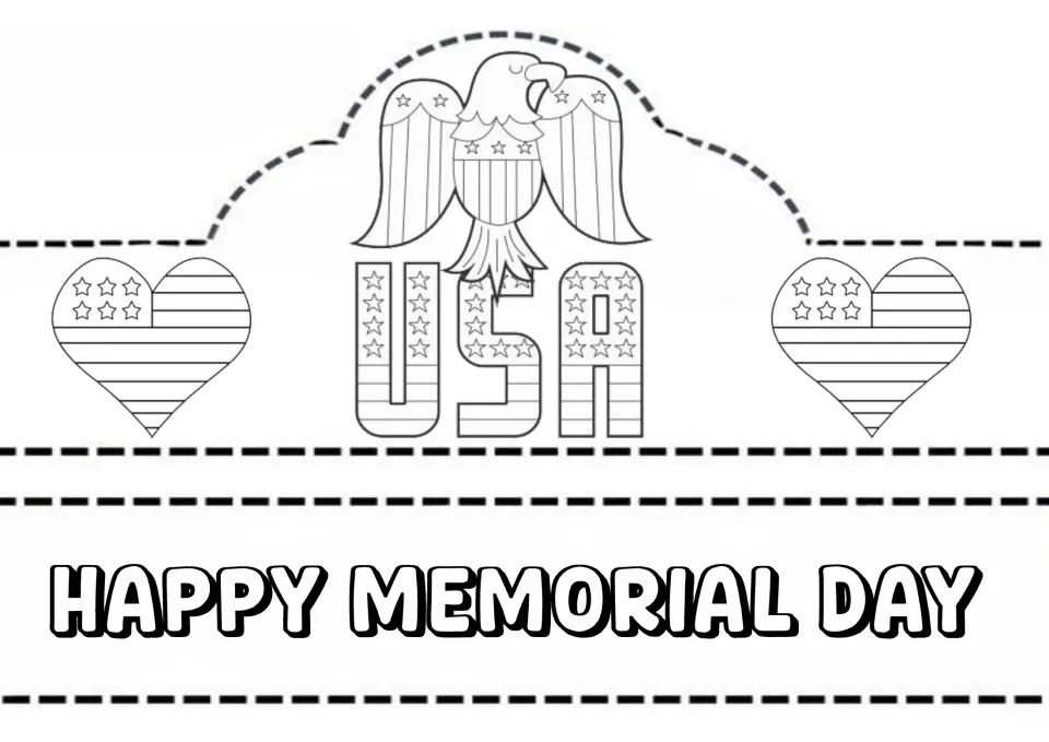 USA eagle crown to color and cut out, with flag-patterned hearts and letters and a Happy Memorial Day headband strip