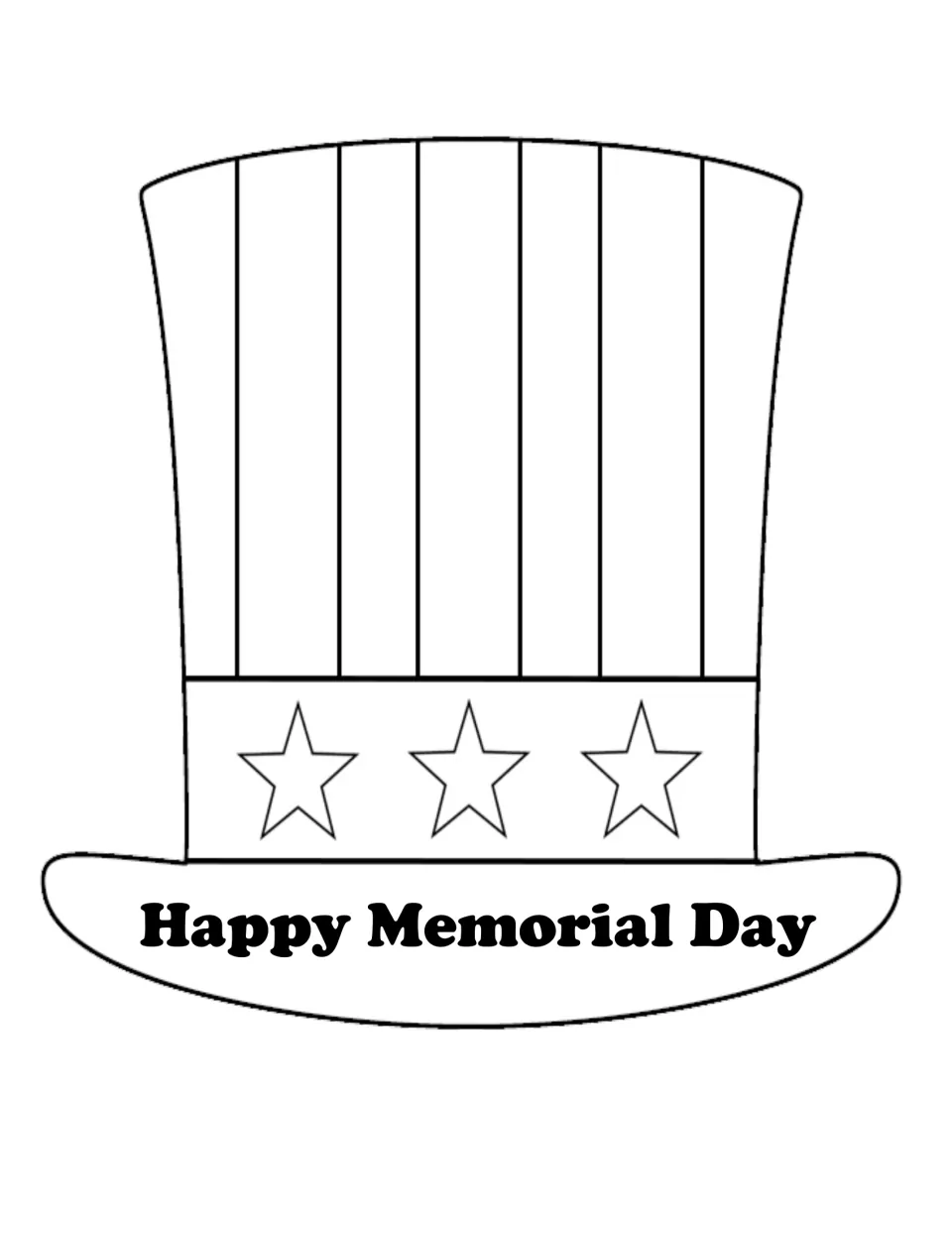 Uncle Sam style top hat outline with stripes, three stars and Happy Memorial Day on the brim for students to color