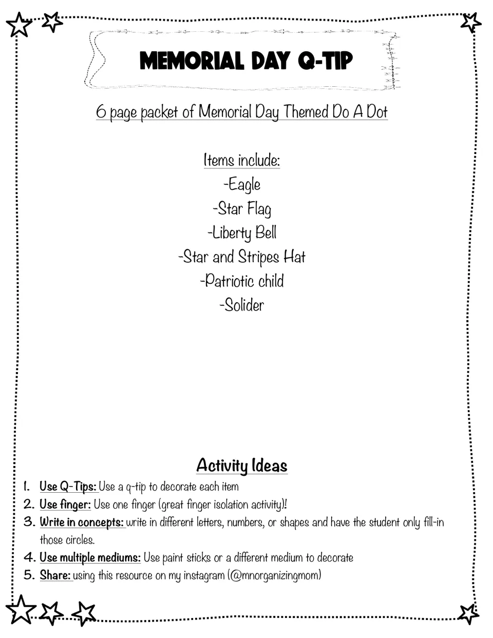 Memorial Day Q-Tip title page listing 6 do-a-dot pictures, eagle to soldier, plus 5 activity ideas like finger dotting